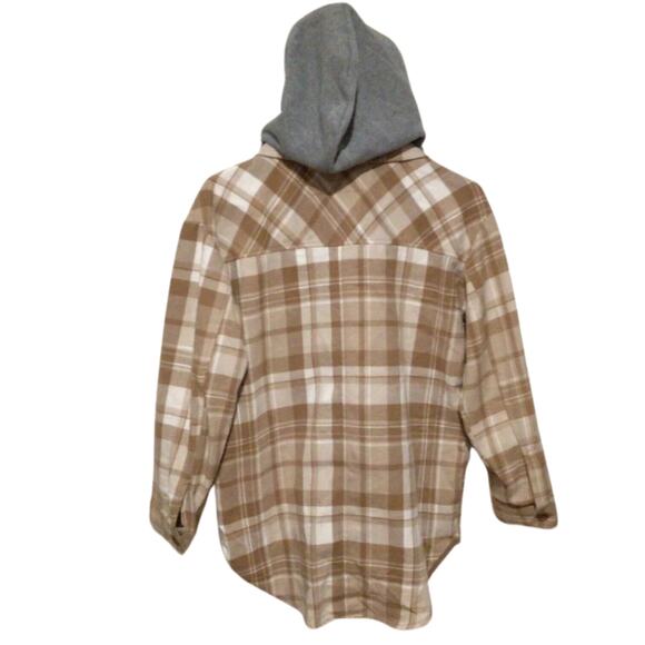 Justify Women's Plaid Beige Flannel Shirt with Gray Hood Hoodie Size Small - Picture 4 of 4